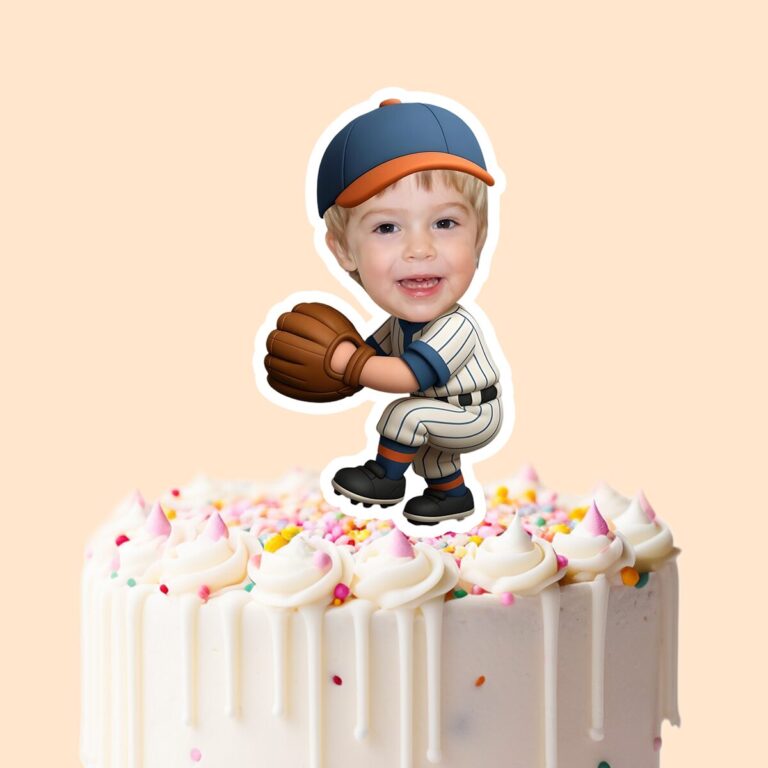 Custom Baseball Catcher or Fielder Face Cutout – Cake Topper Custom Baseball Catcher or Fielder Face Cutout shown on a cake topper mockup