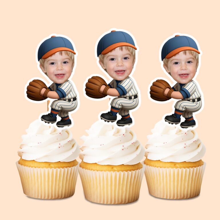 Custom Baseball Catcher or Fielder Face Cutout – Cupcake Topper Custom Baseball Catcher or Fielder Face Cutout shown on a cupcake topper mockup