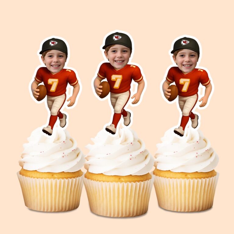 Custom Red Number 7 Football Runner Face Cutout – Cupcake Topper Custom Red Number 7 Football Runner Face Cutout shown on a cupcake topper mockup