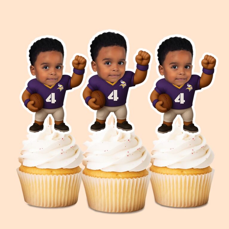Custom Purple Number 4 Football Player Face Cutout – Cupcake Topper Custom Purple Number 4 Football Player Face Cutout shown on a cupcake topper mockup
