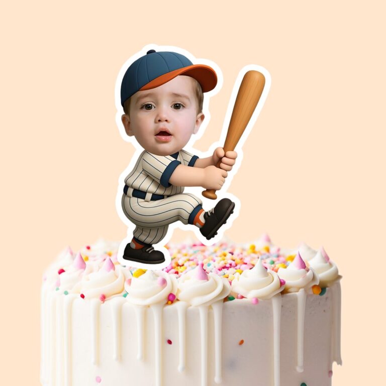 Custom Baseball Batter One-Knee Batting Pose Face Cutout – Cake Topper Custom Baseball Batter One-Knee Batting Pose Face Cutout shown on a cake topper mockup