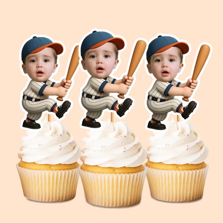 Custom Baseball Batter One-Knee Batting Pose Face Cutout – Cupcake Topper Custom Baseball Batter One-Knee Batting Pose Face Cutout shown on a cupcake topper mockup
