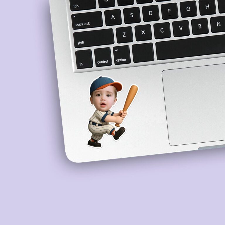 Custom Baseball Batter One-Knee Batting Pose Face Cutout – Sticker Custom Baseball Batter One-Knee Batting Pose Face Cutout shown on a sticker mockup