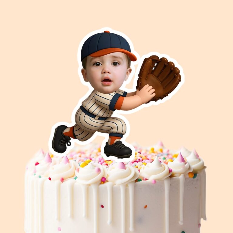 Custom Baseball Fielder Cream Pinstripe Face Cutout – Cake Topper Custom Baseball Fielder Cream Pinstripe Face Cutout shown on a cake topper mockup
