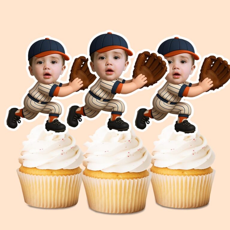 Custom Baseball Fielder Cream Pinstripe Face Cutout – Cupcake Topper Custom Baseball Fielder Cream Pinstripe Face Cutout shown on a cupcake topper mockup