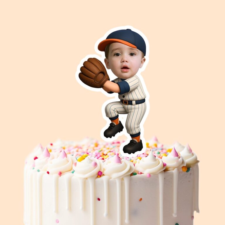Custom Baseball Fielder in Catching Pose Face Cutout – Cake Topper Custom Baseball Fielder in Catching Pose Face Cutout shown on a cake topper mockup