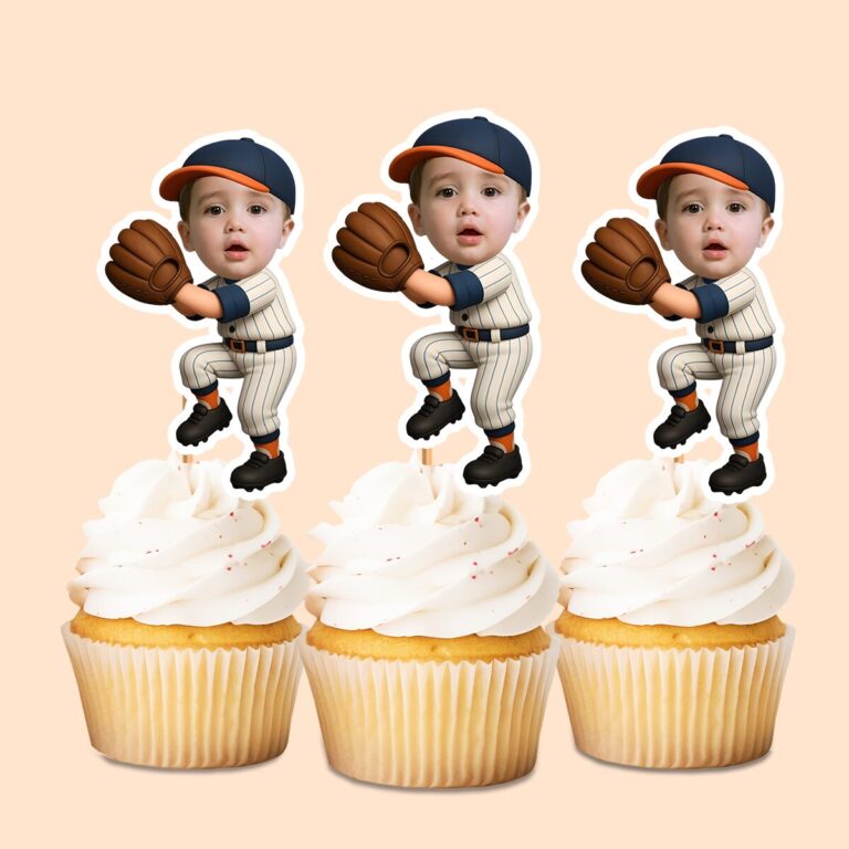 Custom Baseball Fielder in Catching Pose Face Cutout – Cupcake Topper Custom Baseball Fielder in Catching Pose Face Cutout shown on a cupcake topper mockup