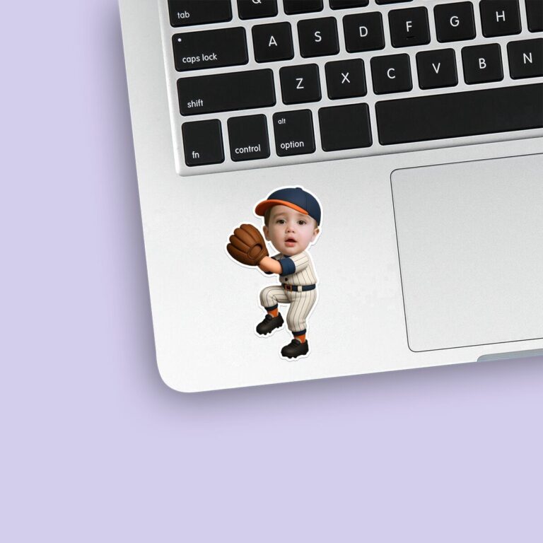 Custom Baseball Fielder in Catching Pose Face Cutout – Sticker Custom Baseball Fielder in Catching Pose Face Cutout shown on a sticker mockup