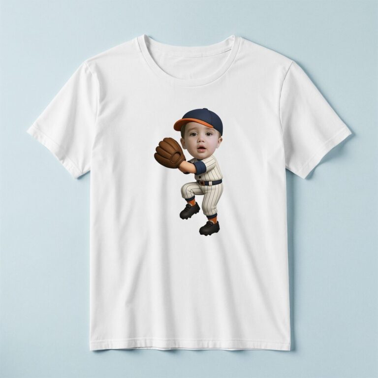 Custom Baseball Fielder in Catching Pose Face Cutout – T-shirt Custom Baseball Fielder in Catching Pose Face Cutout shown on a T-shirt mockup