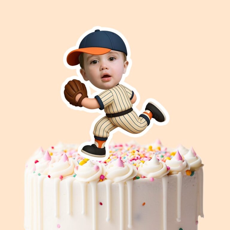 Custom Baseball Fielder Running Face Cutout – Cake Topper Custom Baseball Fielder Running Face Cutout shown on a cake topper mockup