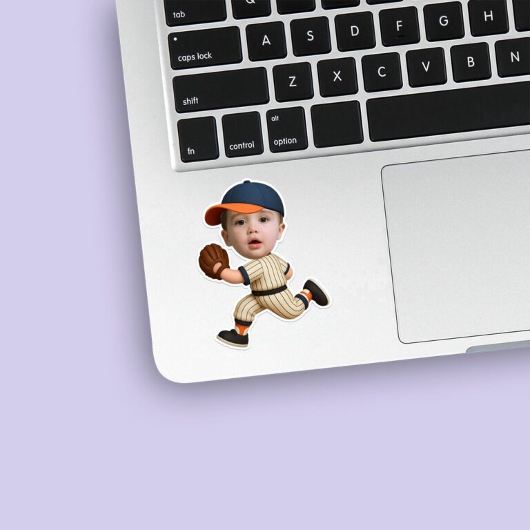 Custom Baseball Fielder Running Face Cutout – Sticker Custom Baseball Fielder Running Face Cutout shown on a sticker mockup