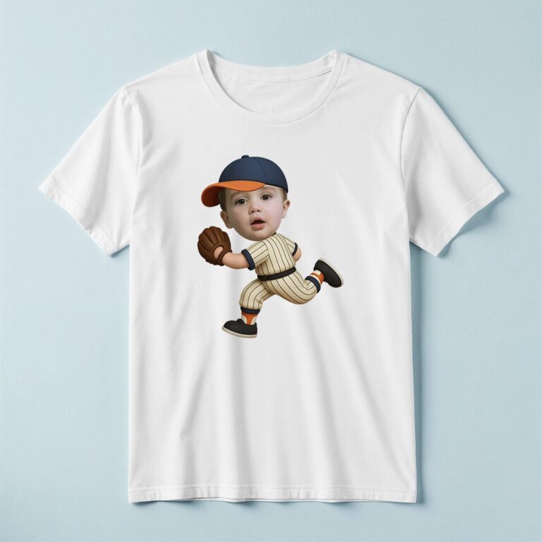 Custom Baseball Fielder Running Face Cutout – T-shirt Custom Baseball Fielder Running Face Cutout shown on a T-shirt mockup