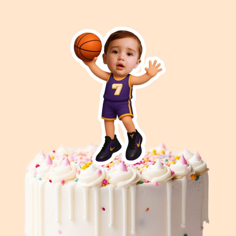 Custom Purple Number 7 Basketball Child Face Cutout – Cake Topper Custom Purple Number 7 Basketball Child Face Cutout shown on a cake topper mockup