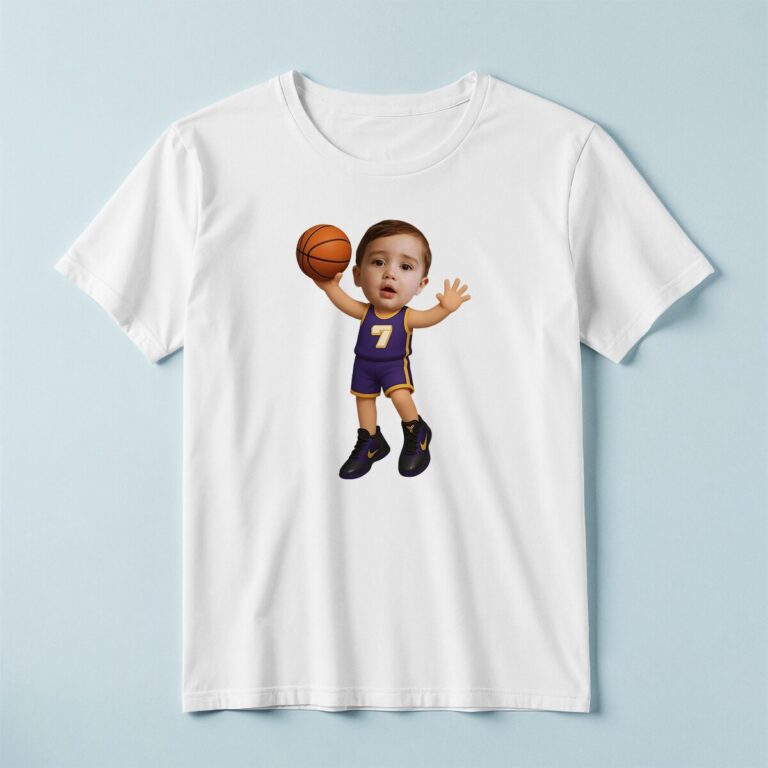 Custom Purple Number 7 Basketball Child Face Cutout – T-shirt Custom Purple Number 7 Basketball Child Face Cutout shown on a T-shirt mockup