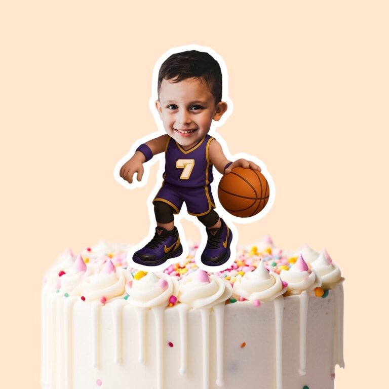 Custom Purple Number 7 Basketball Dribbler Face Cutout – Cake Topper Custom Purple Number 7 Basketball Dribbler Face Cutout shown on a cake topper mockup