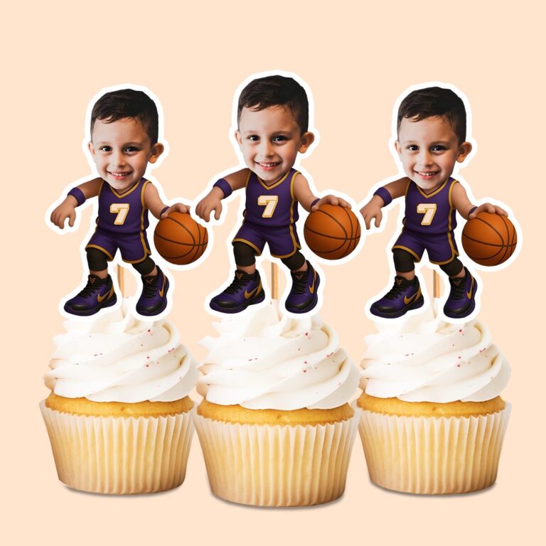 Custom Purple Number 7 Basketball Dribbler Face Cutout – Cupcake Topper Custom Purple Number 7 Basketball Dribbler Face Cutout shown on a cupcake topper mockup