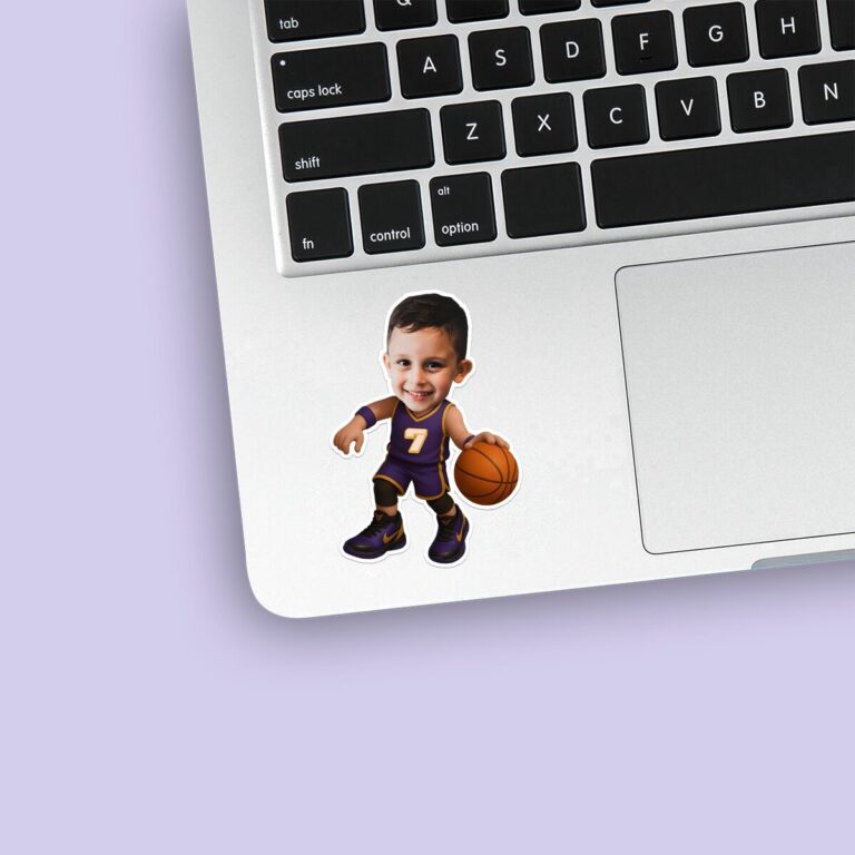 Custom Purple Number 7 Basketball Dribbler Face Cutout – Sticker Custom Purple Number 7 Basketball Dribbler Face Cutout shown on a sticker mockup