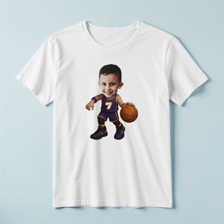 Custom Purple Number 7 Basketball Dribbler Face Cutout – T-shirt Custom Purple Number 7 Basketball Dribbler Face Cutout shown on a T-shirt mockup