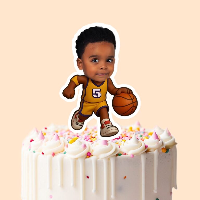 Custom Gold Number 5 Basketball Dribbler Face Cutout – Cake Topper Custom Gold Number 5 Basketball Dribbler Face Cutout shown on a cake topper mockup