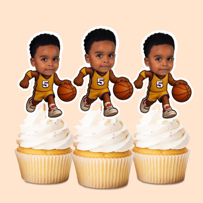 Custom Gold Number 5 Basketball Dribbler Face Cutout – Cupcake Topper Custom Gold Number 5 Basketball Dribbler Face Cutout shown on a cupcake topper mockup