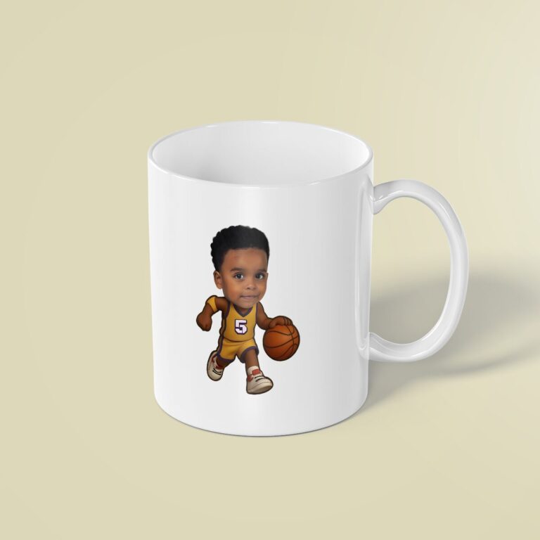 Custom Gold Number 5 Basketball Dribbler Face Cutout – Mug Custom Gold Number 5 Basketball Dribbler Face Cutout shown on a mug mockup