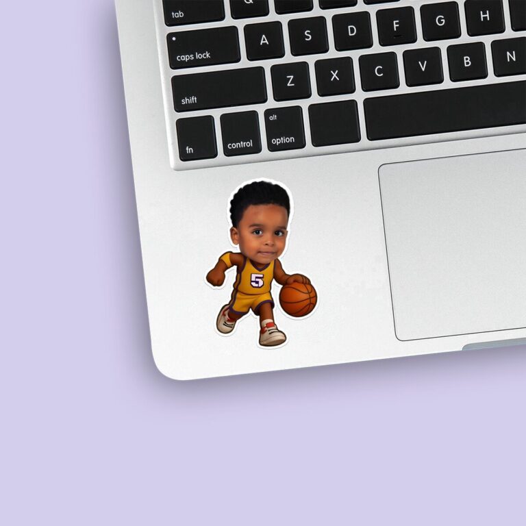 Custom Gold Number 5 Basketball Dribbler Face Cutout – Sticker Custom Gold Number 5 Basketball Dribbler Face Cutout shown on a sticker mockup