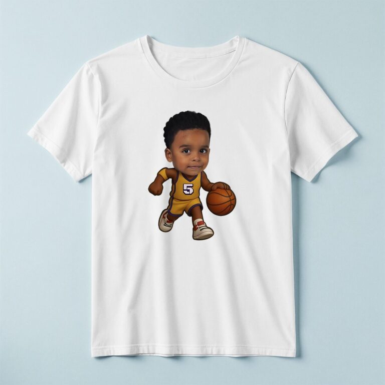 Custom Gold Number 5 Basketball Dribbler Face Cutout – T-shirt Custom Gold Number 5 Basketball Dribbler Face Cutout shown on a T-shirt mockup