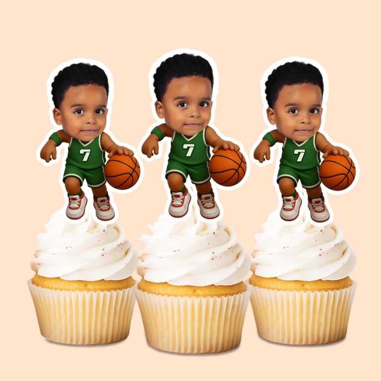 Custom Green Number 7 Basketball Dribbler Face Cutout – Cupcake Topper Custom Green Number 7 Basketball Dribbler Face Cutout shown on a cupcake topper mockup