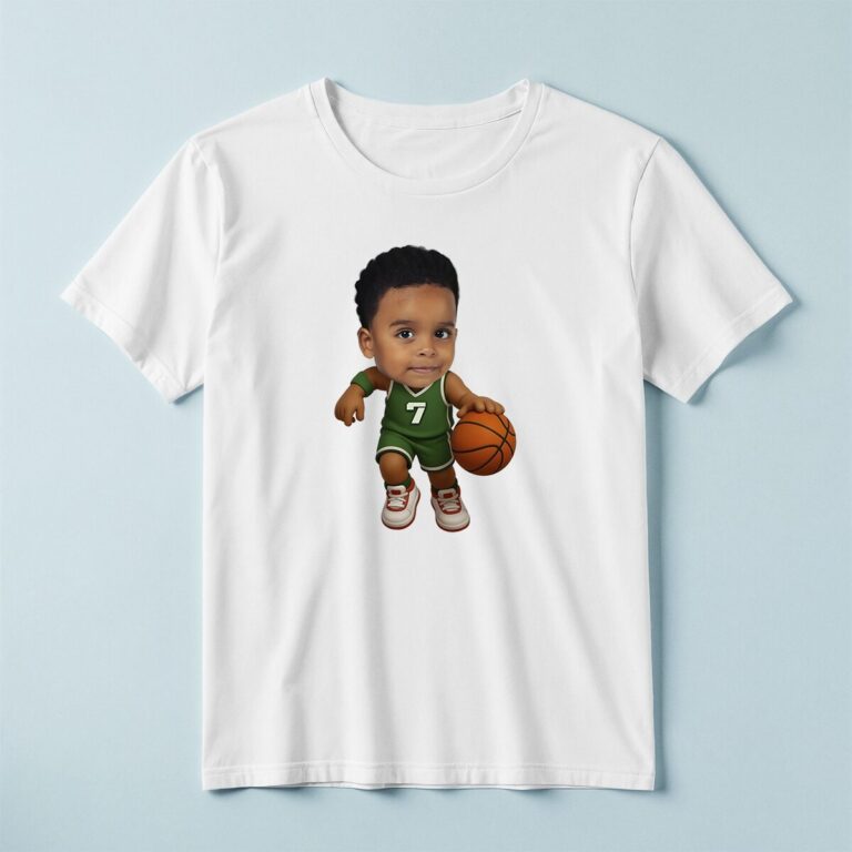 Custom Green Number 7 Basketball Dribbler Face Cutout – T-shirt Custom Green Number 7 Basketball Dribbler Face Cutout shown on a T-shirt mockup