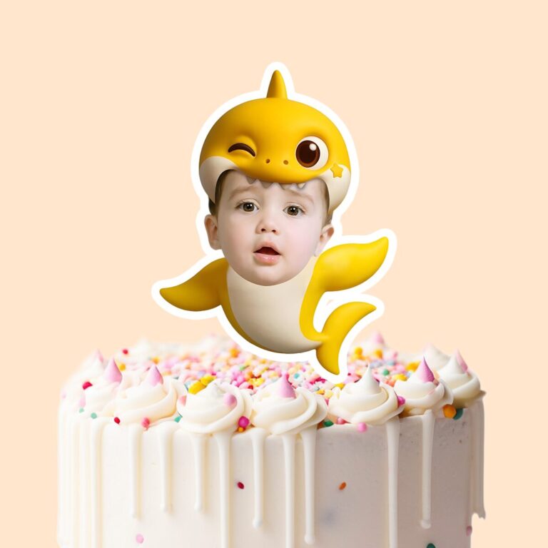 Custom Yellow Baby Shark Costume Face Cutout – Cake Topper Custom Yellow Baby Shark Costume Face Cutout shown on a cake topper mockup