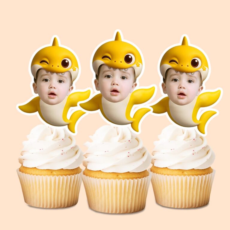 Custom Yellow Baby Shark Costume Face Cutout – Cupcake Topper Custom Yellow Baby Shark Costume Face Cutout shown on a cupcake topper mockup