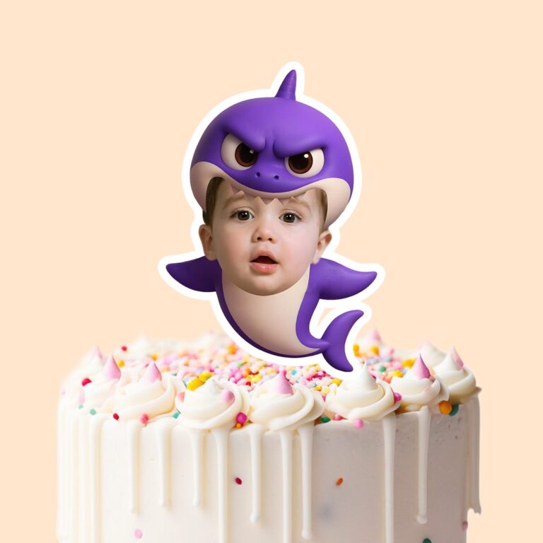 Custom Purple Shark Costume Face Cutout – Cake Topper Custom Purple Shark Costume Face Cutout shown on a cake topper mockup