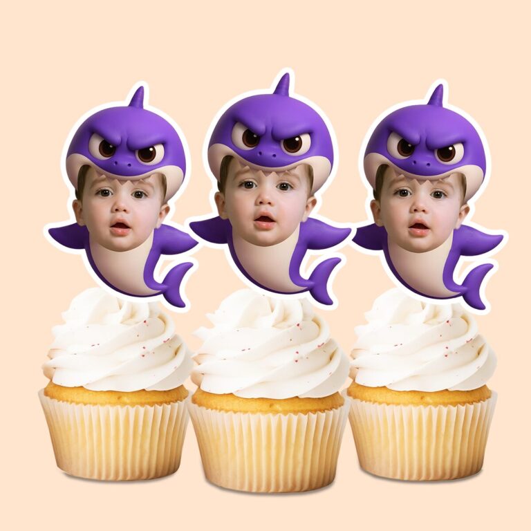 Custom Purple Shark Costume Face Cutout – Cupcake Topper Custom Purple Shark Costume Face Cutout shown on a cupcake topper mockup