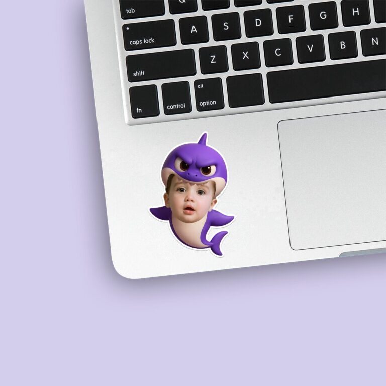 Custom Purple Shark Costume Face Cutout – Sticker Custom Purple Shark Costume Face Cutout shown on a sticker mockup