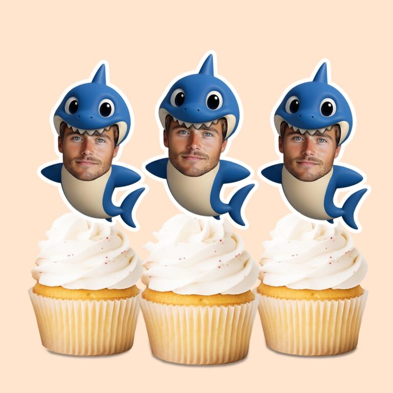 Custom Blue Shark Costume Face Cutout – Cupcake Topper Custom Blue Shark Costume Face Cutout shown on a cupcake topper mockup