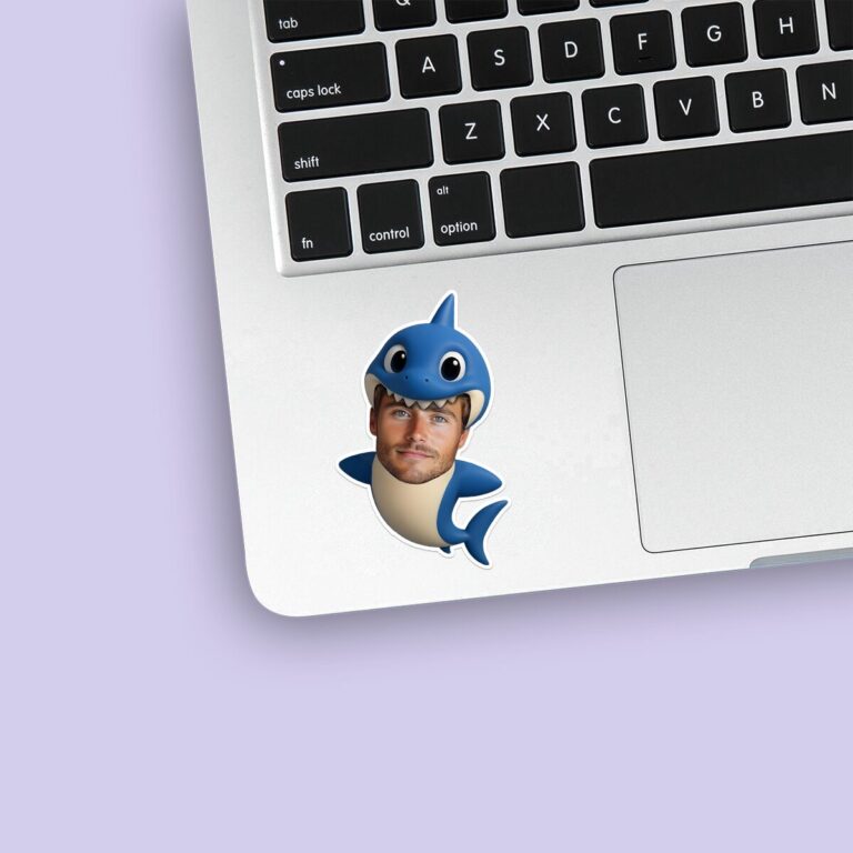 Custom Blue Shark Costume Face Cutout – Sticker Custom Blue Shark Costume Face Cutout shown on a sticker mockup