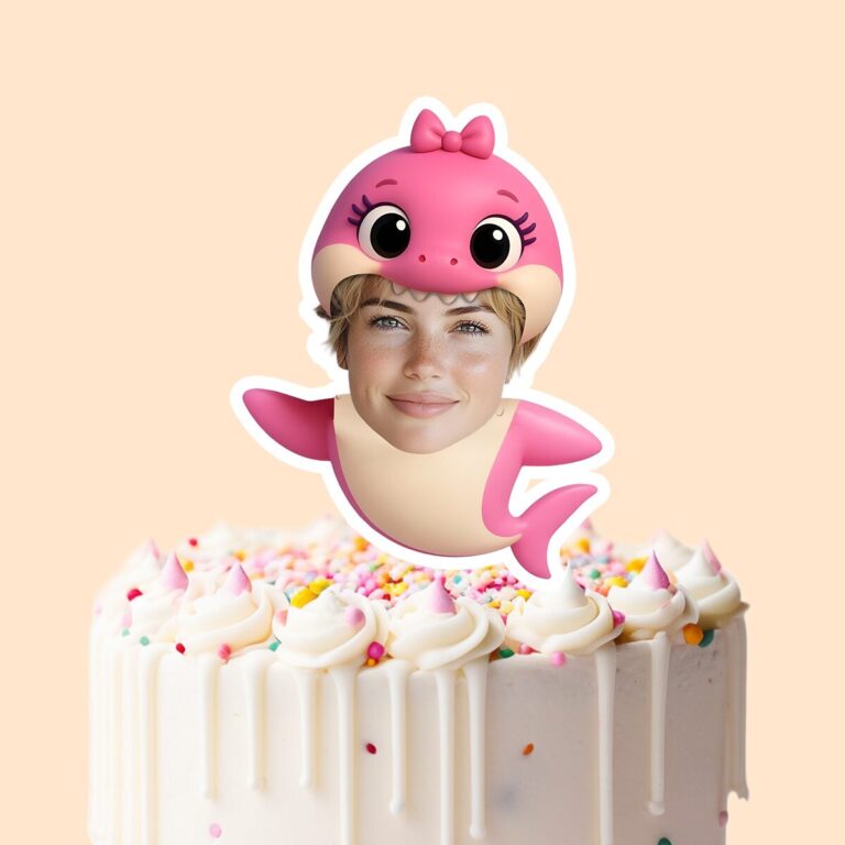 Custom Pink Bow Shark Costume Face Cutout – Cake Topper Custom Pink Bow Shark Costume Face Cutout shown on a cake topper mockup