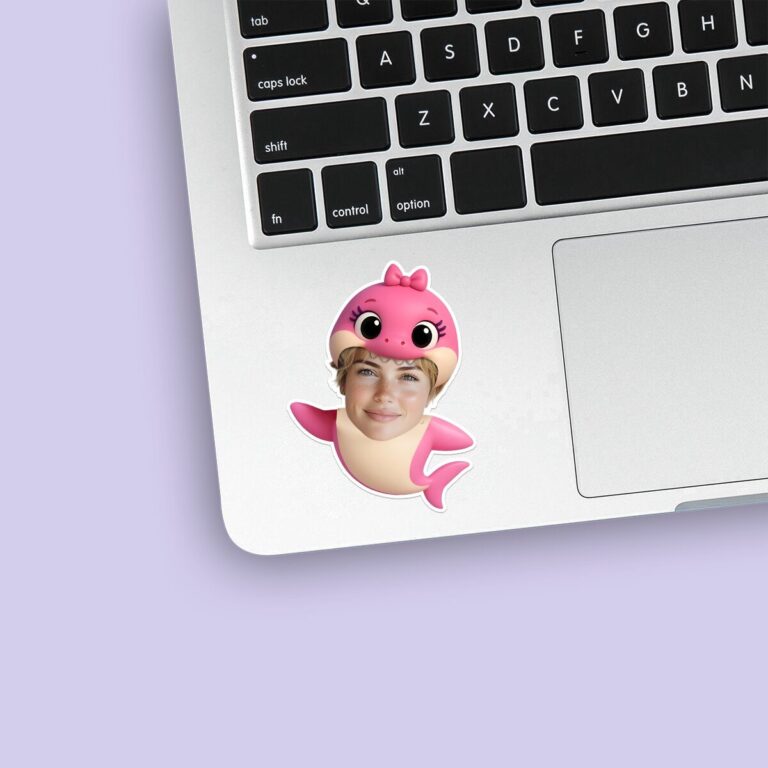 Custom Pink Bow Shark Costume Face Cutout – Sticker Custom Pink Bow Shark Costume Face Cutout shown on a sticker mockup