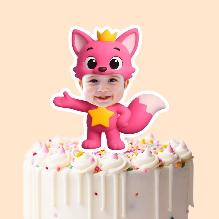 Custom Baby Shark Pink Crowned Fox Mascot Face Cutout – Cake Topper Custom Baby Shark Pink Crowned Fox Mascot Face Cutout shown on a cake topper mockup