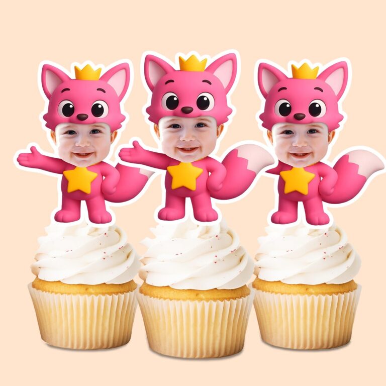 Custom Baby Shark Pink Crowned Fox Mascot Face Cutout – Cupcake Topper Custom Baby Shark Pink Crowned Fox Mascot Face Cutout shown on a cupcake topper mockup