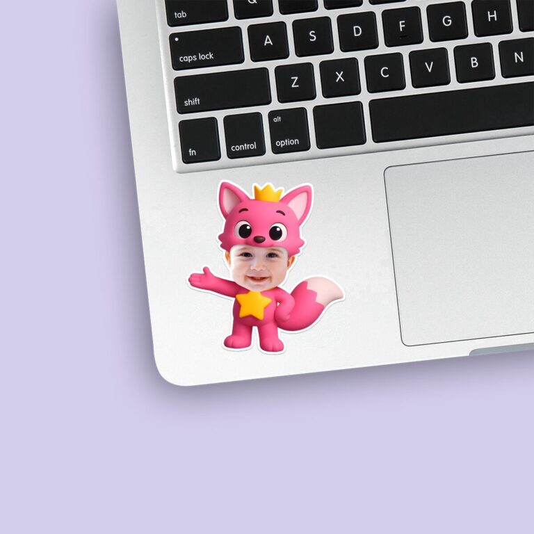 Custom Baby Shark Pink Crowned Fox Mascot Face Cutout – Sticker Custom Baby Shark Pink Crowned Fox Mascot Face Cutout shown on a sticker mockup