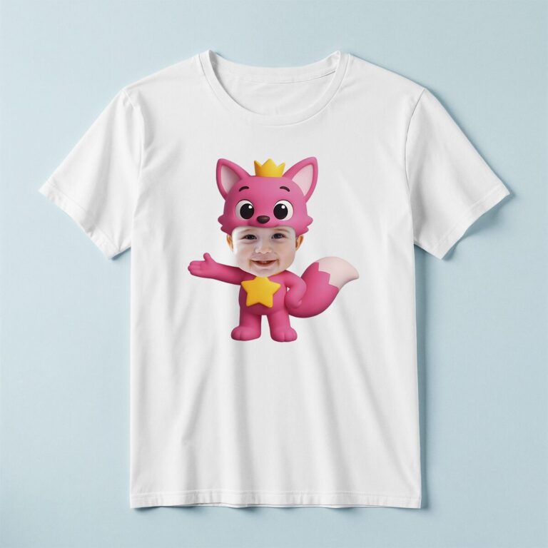 Custom Baby Shark Pink Crowned Fox Mascot Face Cutout – T-shirt Custom Baby Shark Pink Crowned Fox Mascot Face Cutout shown on a T-shirt mockup