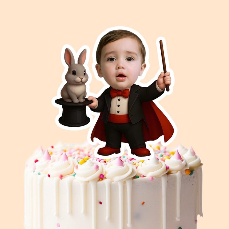 Custom Magician with Rabbit Face Cutout – Cake Topper Custom Magician with Rabbit Face Cutout shown on a cake topper mockup