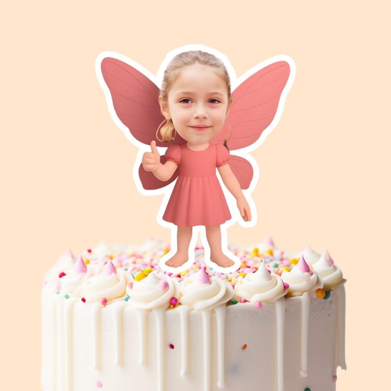 Custom Pink Wand Fairy Face Cutout – Cake Topper Custom Pink Wand Fairy Face Cutout shown on a cake topper mockup
