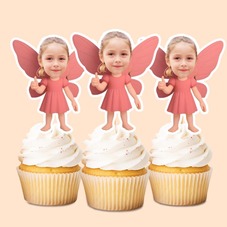 Custom Pink Wand Fairy Face Cutout – Cupcake Topper Custom Pink Wand Fairy Face Cutout shown on a cupcake topper mockup