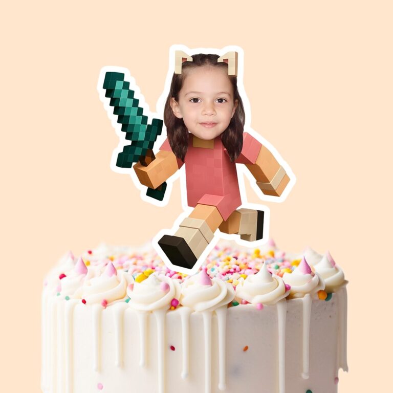 Custom Pixel-Style Pink Adventurer with Sword Face Cutout – Cake Topper Custom Pixel-Style Pink Adventurer with Sword Face Cutout shown on a cake topper mockup