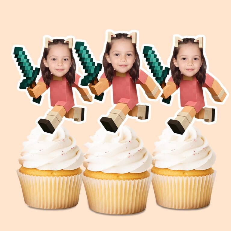 Custom Pixel-Style Pink Adventurer with Sword Face Cutout – Cupcake Topper Custom Pixel-Style Pink Adventurer with Sword Face Cutout shown on a cupcake topper mockup