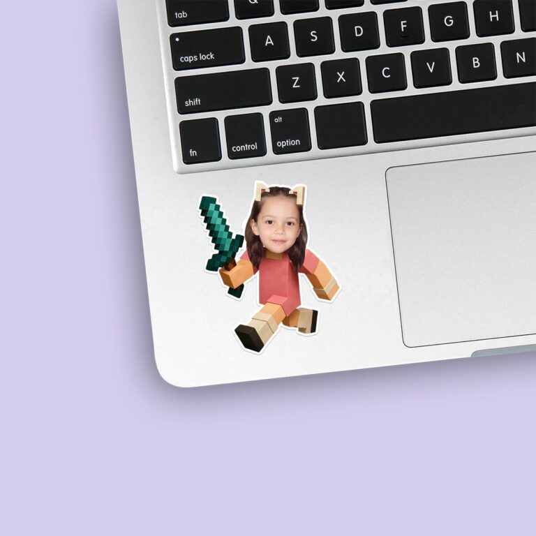 Custom Pixel-Style Pink Adventurer with Sword Face Cutout – Sticker Custom Pixel-Style Pink Adventurer with Sword Face Cutout shown on a sticker mockup