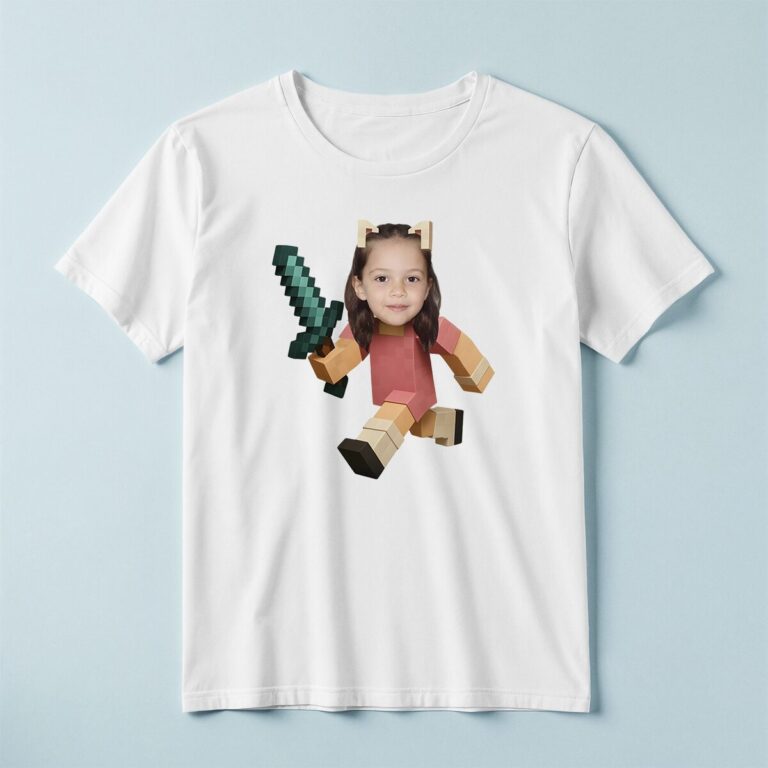 Custom Pixel-Style Pink Adventurer with Sword Face Cutout – T-shirt Custom Pixel-Style Pink Adventurer with Sword Face Cutout shown on a T-shirt mockup