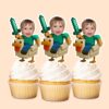 Custom Pixel Miner Riding a Chicken Face Cutout – Cupcake Topper Custom Pixel Miner Riding a Chicken Face Cutout shown on a cupcake topper mockup